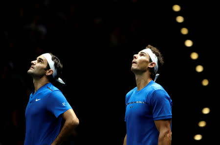 Tennis - Laver Cup - 2nd Day - Prague, Czech Republic - September 23, 2017 - Rafael Nadal and Roger Federer of team Europe in action against Jack Sock and Sam Querrey of team World. REUTERS/David W Cerny