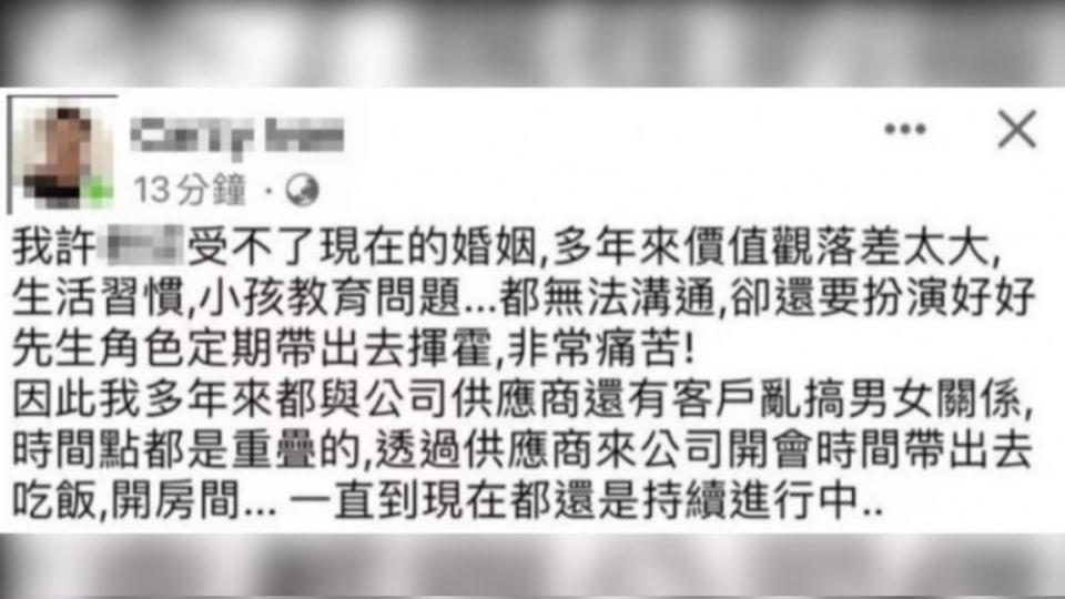 群創光電一名已婚的許姓處長突自爆自己長期劈腿。（圖／翻攝自臉書）