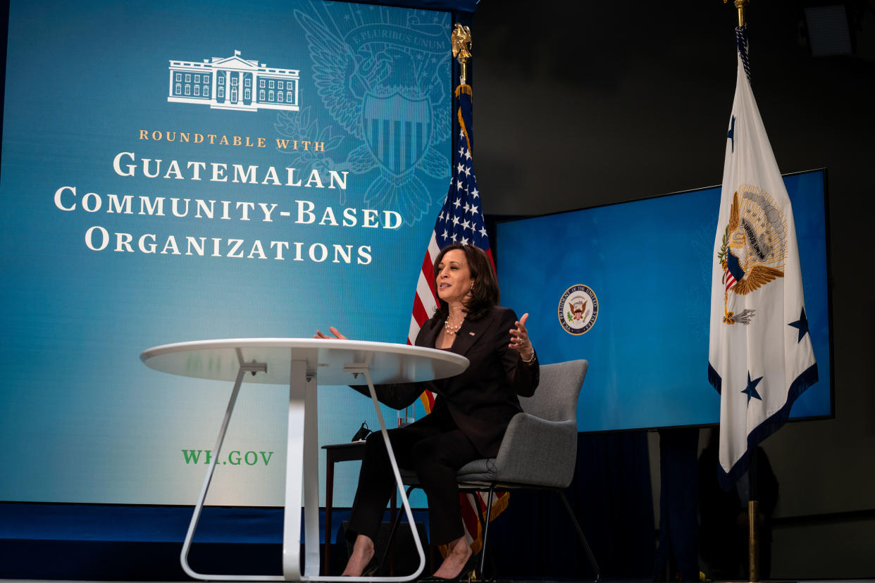 Vice President Kamala Harris holds a virtual roundtable discussion with Ambassador to Guatemala William Popp and Guatemalan community-based organizations in the Eisenhower Executive Office Building on Tuesday, April 27, 2021 in Washington, DC. (Kent Nishimura/Los Angeles Times via Getty Images)