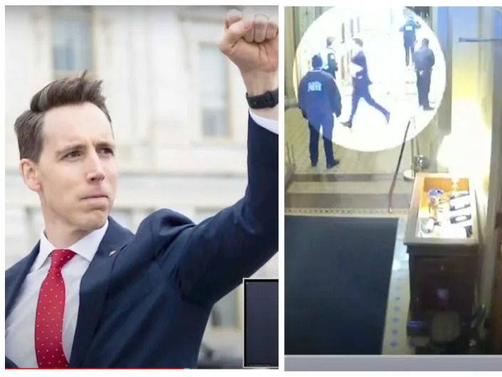 Images of Josh Hawley are shown during a January 6 committee hearing
