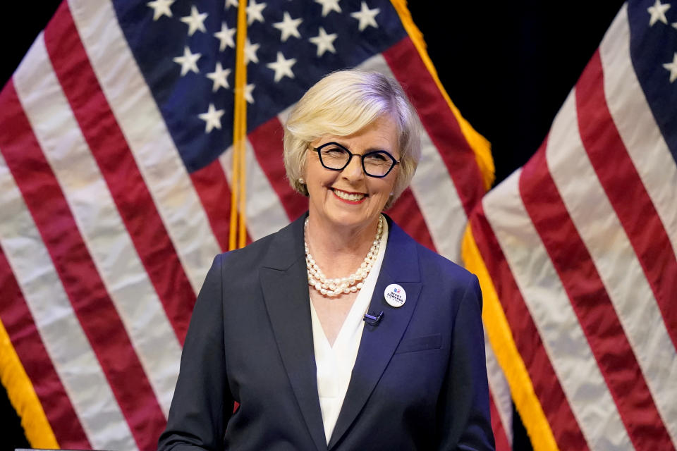 FILE - Former state lawmaker and Utah U.S. Senate candidate Becky Edwards speaks during a Republican primary debate on June 1, 2022, in Draper, Utah. Edwards faces Sen. Mike Lee and political operative Ally Isom in the GOP primary on Tuesday, June 28, 2022. (AP Photo/Rick Bowmer, File)