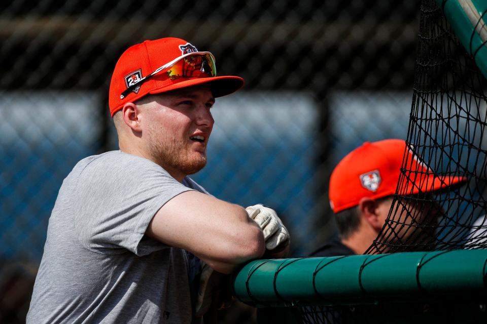 Detroit Tigers outfielder Parker Meadows watches batting practice during spring training at TigerTown in Lakeland, Fla. on Friday, Feb. 16, 2024.