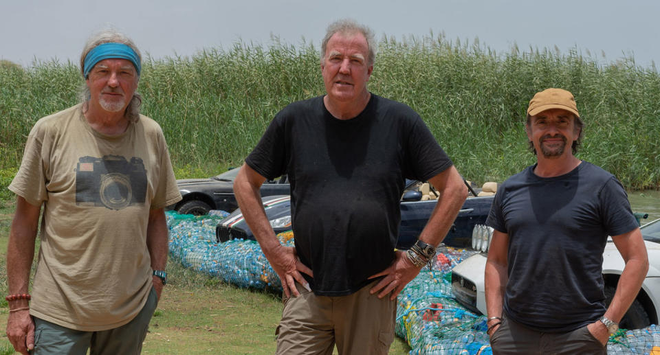 James May, Jeremy Clarkson, and Richard Hammond return in The Grand Tour: Sand Job. (Prime Video)