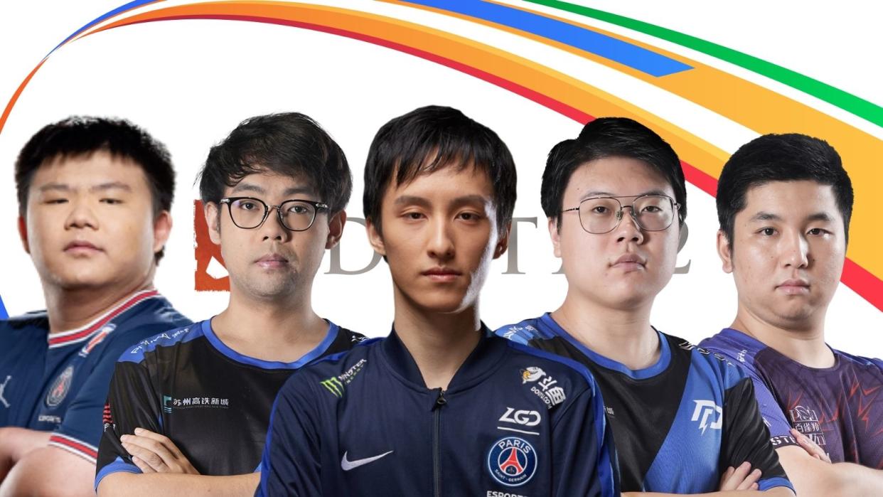 China bagged the gold medal for Dota 2 in the 19th Asian Games after they defeated Mongolia, 2-1, in the gold medal match. Pictured (from left to right): XinQ, Somnus, Ame, Chalice, 皮球. (Photos: LGD Gaming, Azure Ray, Team Aster, Olympic Council of Asia)