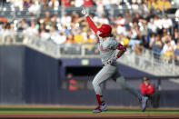 Philadelphia Phillies' Alec Bohm runs the bases after hitting a two-run home run against the San Diego Padres during the first inning of a baseball game Saturday, April 27, 2024, in San Diego. (AP Photo/Brandon Sloter)