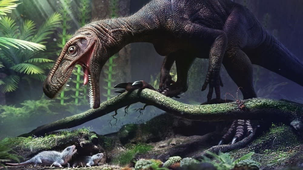  A herrerasaurid dinosaur in the jungle threatens rodents with its gaping jaws. 