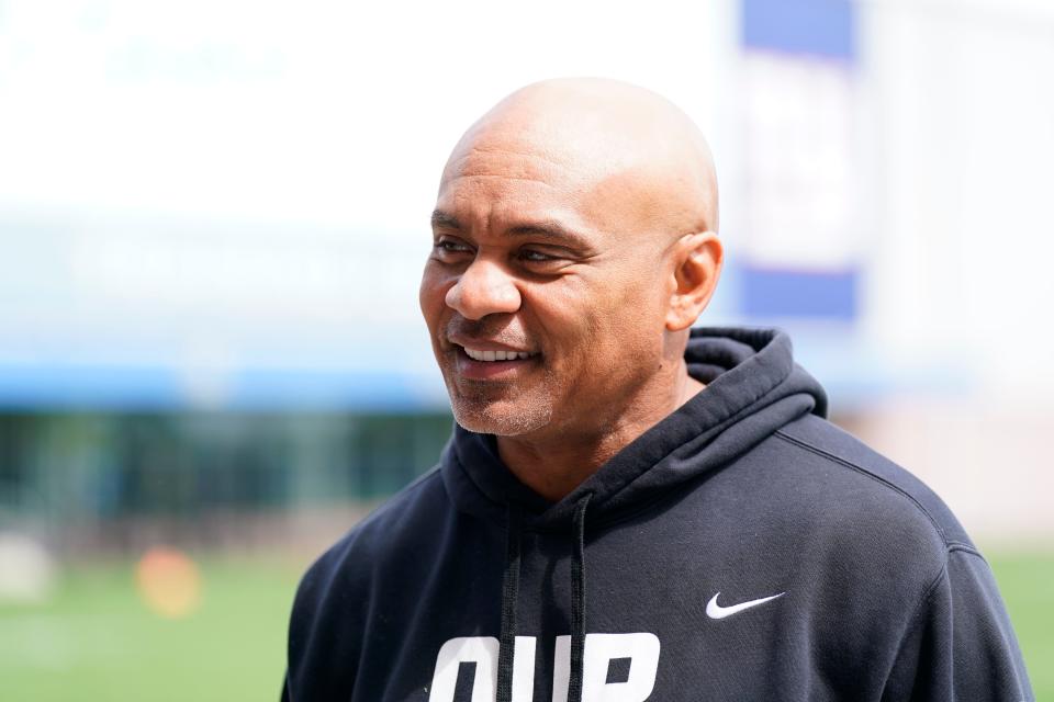 New York Giants defensive backs coach Jerome Henderson talks to reporters on the first day of mandatory minicamp at the Giants training center in East Rutherford on Tuesday, June 13, 2023.