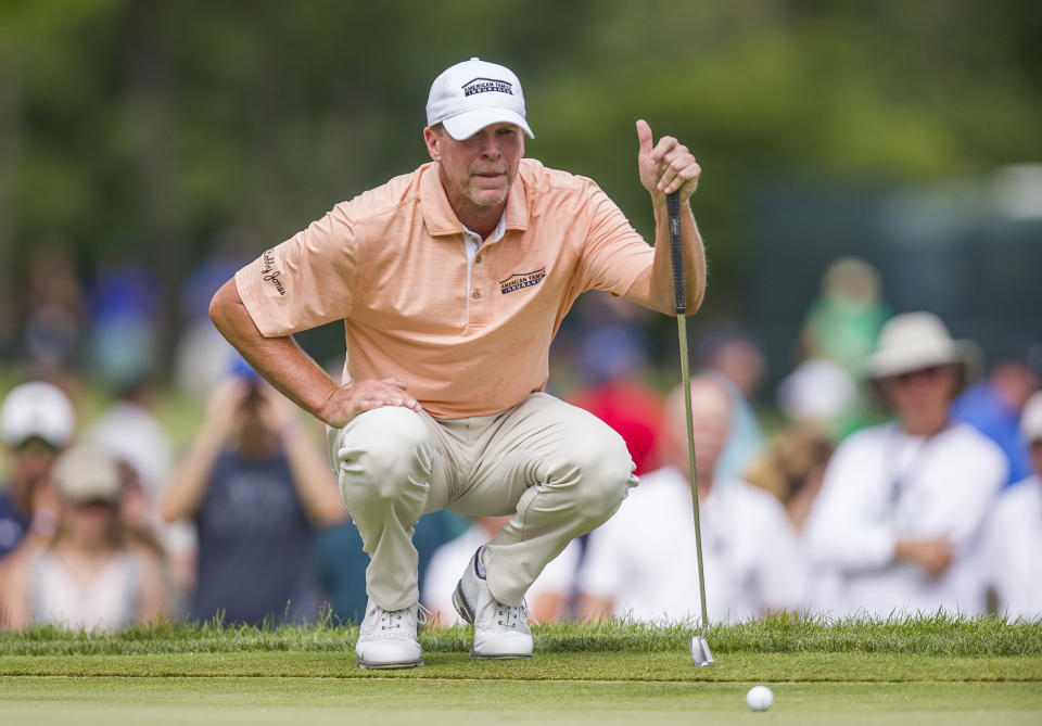 Steve Stricker lines up a putt on the fifth hole during the final round of the U.S. Senior Open golf tournament Sunday, June 30, 2019, in South Bend, Ind. (Robert Franklin/South Bend Tribune via AP)