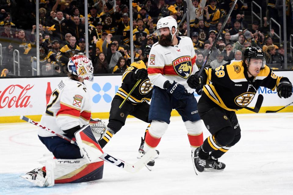 Bruins left wing Tyler Bertuzzi reacts after scoring a goal past Panthers goaltender Sergei Bobrovsky during the third period of the Bruins' 4-3 loss in Game 7 of the first round of the 2023 Stanley Cup Playoffs on Sunday, April 30, 2023, in Boston.