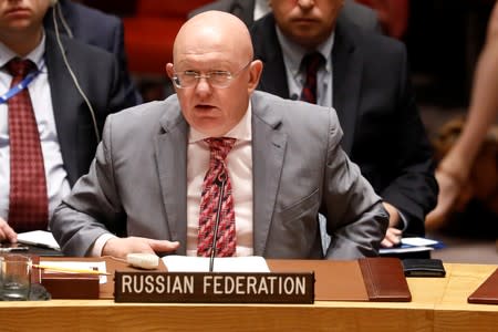 Vassily Nebenzia, Russian Ambassador to the United Nations, addresses the U.N. Security Council briefing on implementation of the resolution that endorsed the Iran nuclear deal at the United Nations headquarters in New York