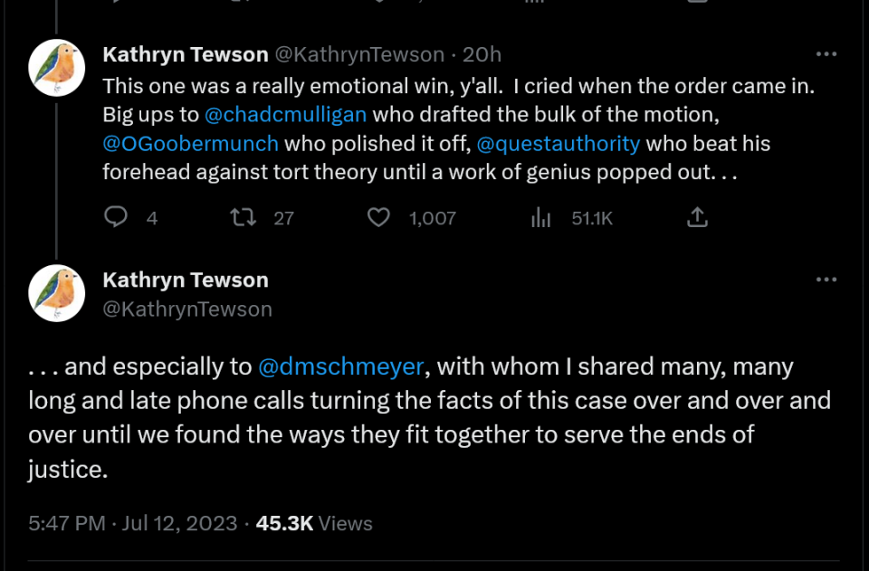 This one was a really emotional win, y'all.  I cried when the order came in. Big ups to @chadcmulligan  who drafted the bulk of the motion, @OGoobermunch  who polished it off, @questauthority  who beat his forehead against tort theory until a work of genius popped out. and especially to @dmschmeyer , with whom I shared many, many long and late phone calls turning the facts of this case over and over and over until we found the ways they fit together to serve the ends of justice.