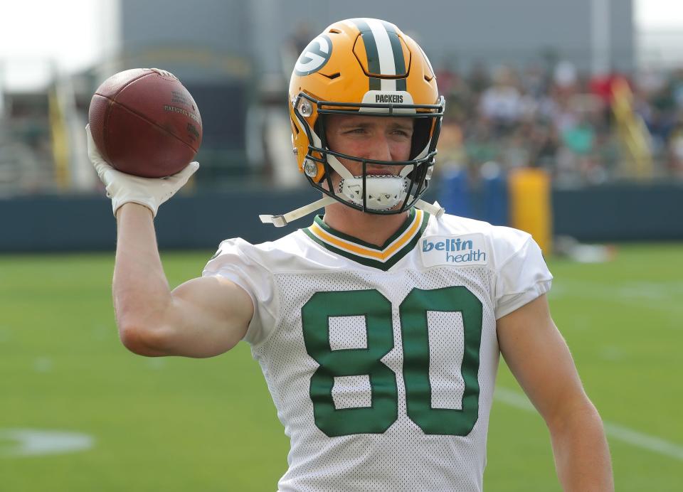 Green Bay Packers wide receiver Bailey Gaither (80) is shown during the first day of training camp Wednesday, July 28, 2021 in Green Bay, Wis.