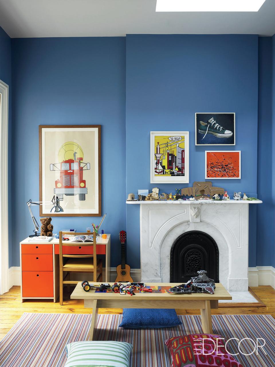 5) Amp Up a Workspace with a Red Desk and Blue Walls