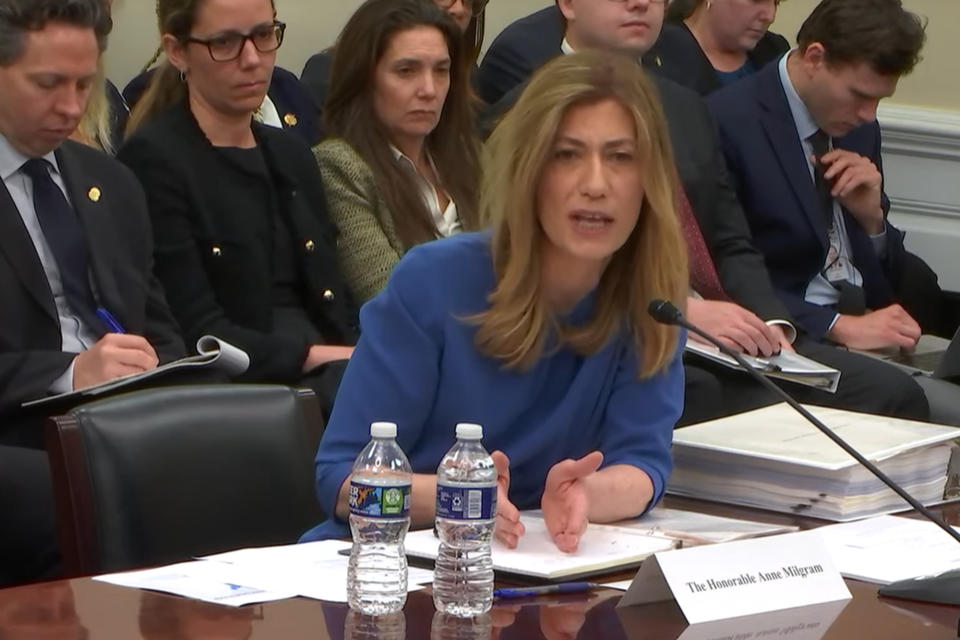 In this image from video provided by the U.S. House Appropriations Committee, Drug Enforcement Administration chief Anne Milgram speaks during a meeting with the committee on Capitol Hill in Washington on Thursday, April 27, 2023. During the session, lawmakers questioned Milgram over millions of dollars in no-bid contracts that are the subject of a watchdog probe into whether the agency improperly hired some of her past associates. (U.S. House Appropriations Committee via AP)