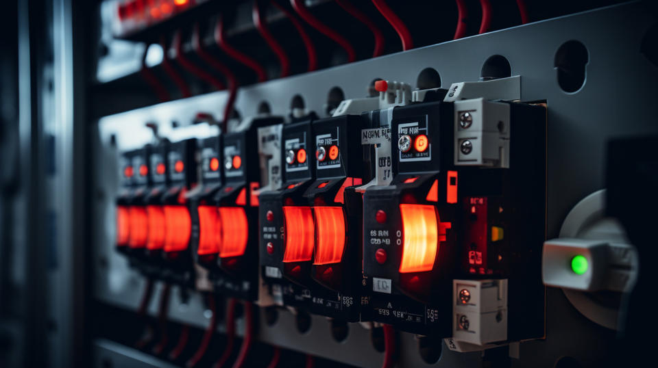 A circuit breaker installed in a control panel illuminated by bright LEDs.