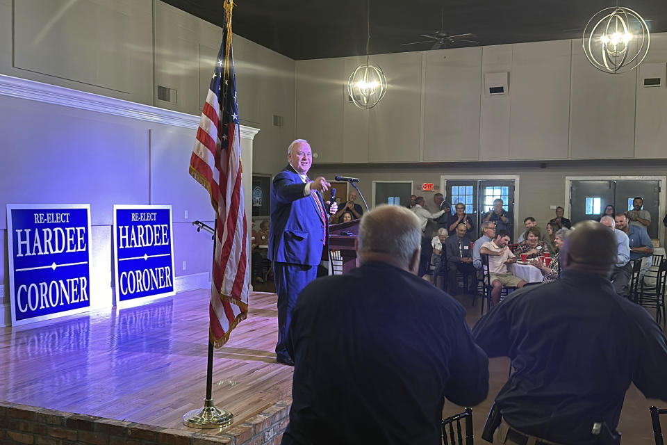 Darlington County Coroner Todd Hardee announces he is switching from a Democrat to a Republican at an event on Monday, Oct. 2, 2023, in Darlington, S.C. (AP Photo/Jeffrey Collins)