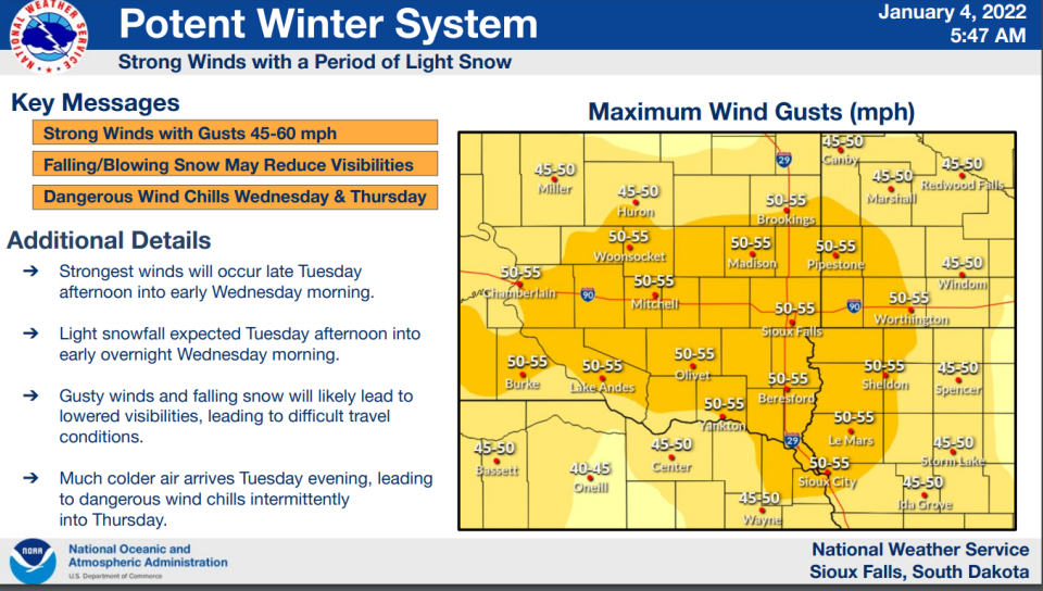 The potential maximum wind gusts for the region, according to the National Weather Service.