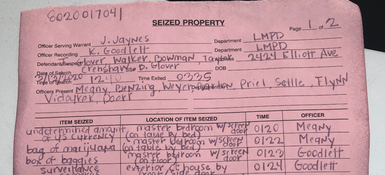A copy of the seized property log left at 2424 Elliott Ave. on March 13.