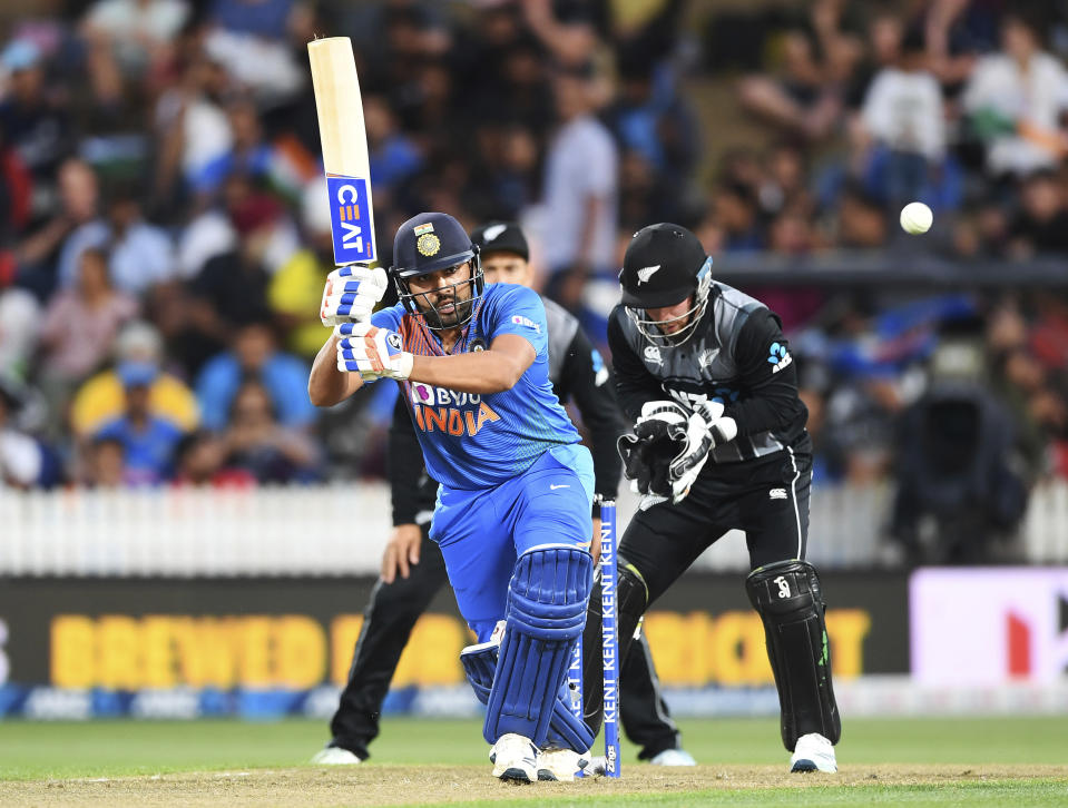 India's Rohit Sharma bats during the Twenty/20 cricket international between India and New Zealand in Hamilton, New Zealand, Wednesday, Jan. 29, 2020. (Andrew Cornaga/Photosport via AP)