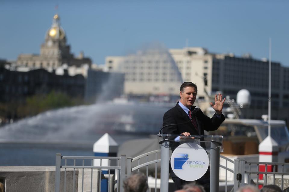 Griff Lynch, Georgia Ports Authority executive director, speaks during a celebration of the completion of the Savanah Harbor dredging.