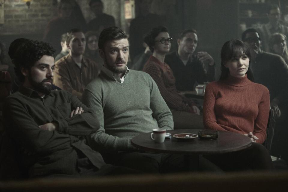 This film image released by CBS FIlms shows , from left, Oscar Isaac , Justin Timberlake and Carey Mulligan in a scene from "Inside Llewyn Davis." (AP Photo/CBS FIlms, Alison Rosa)