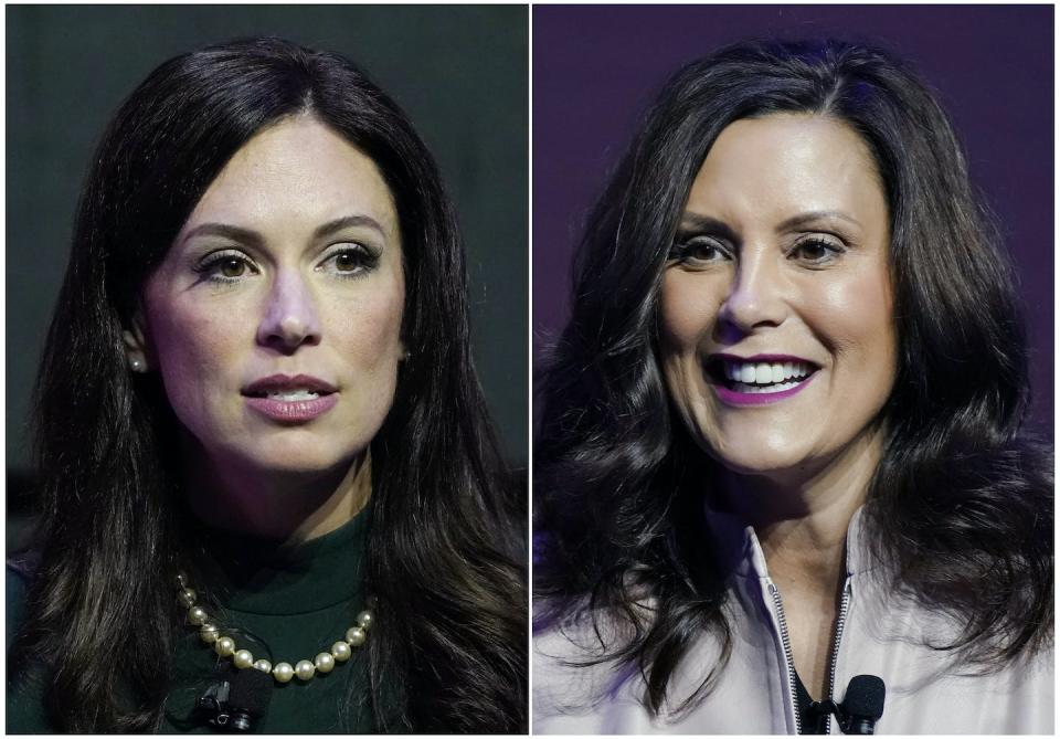 The 2022 Michigan governor’s race pitted challenger Tudor Dixon, the Republican candidate, left, against incumbent Michigan Gov. Gretchen Whitmer. Whitmer won. <a href="https://newsroom.ap.org/detail/Election2022MichiganGovernor/42f3370a819b414bb3d2f96bbe594351/photo?Query=Tudor%20Dixon%20Whitmer&mediaType=photo&sortBy=arrivaldatetime:desc&dateRange=Anytime&totalCount=13&currentItemNo=1" rel="nofollow noopener" target="_blank" data-ylk="slk:AP Photo/Carlos Osorio;elm:context_link;itc:0;sec:content-canvas" class="link ">AP Photo/Carlos Osorio</a>