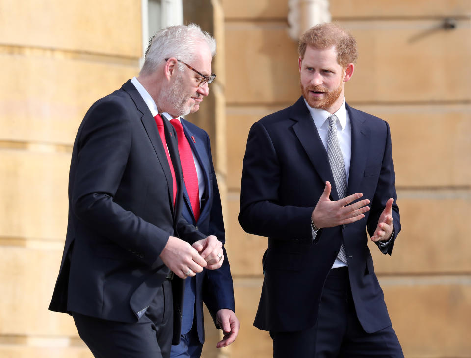 LONDON, ENGLAND - JANUARY 16: Prince Harry, Duke of Sussex, the Patron of the Rugby Football League hosts the Rugby League World Cup 2021 draws for the men's, women's and wheelchair tournaments at Buckingham Palace on January 16, 2020 in London, England. The Rugby League World Cup 2021 will take place from October 23rd through to November 27th, 2021 in 17 cities across England. (Photo by Chris Jackson/Getty Images)