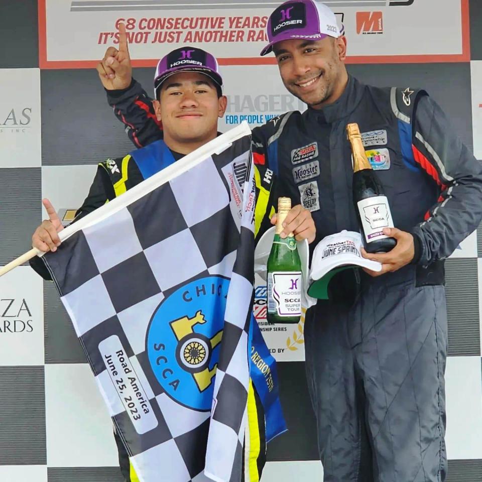 Edwards native Sebastian Mateo Naranjo, 16 (left), on the podium after his second-place finish at Road America on June 25, 2023 in the Formula Race Promotions F1600 Series circuit.