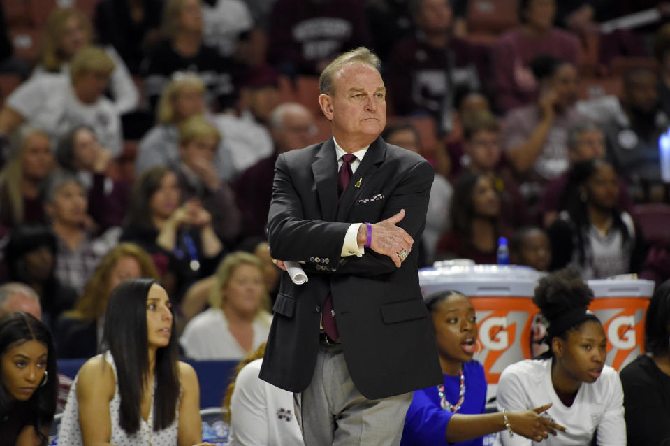 Mississippi State head coach Vic Schaefer watches the action during the second half of a championship match against South Carolina at the Southeastern Conference women's NCAA college basketball tournament in Greenville, S.C., Sunday, March 8, 2020. (AP Photo/Richard Shiro)