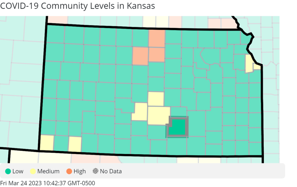 COVID-19 community levels in Kansas as of March 24, 2023, courtesy of the CDC.