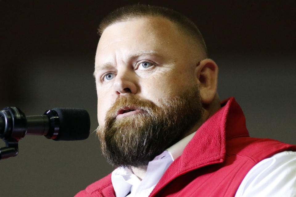 FILE - J.R. Majewski, Republican candidate for U.S. Representative for Ohio's 9th Congressional District, speaks at a campaign rally in Youngstown, Ohio, Sept. 17, 2022. (AP Photo/Tom E. Puskar, File)