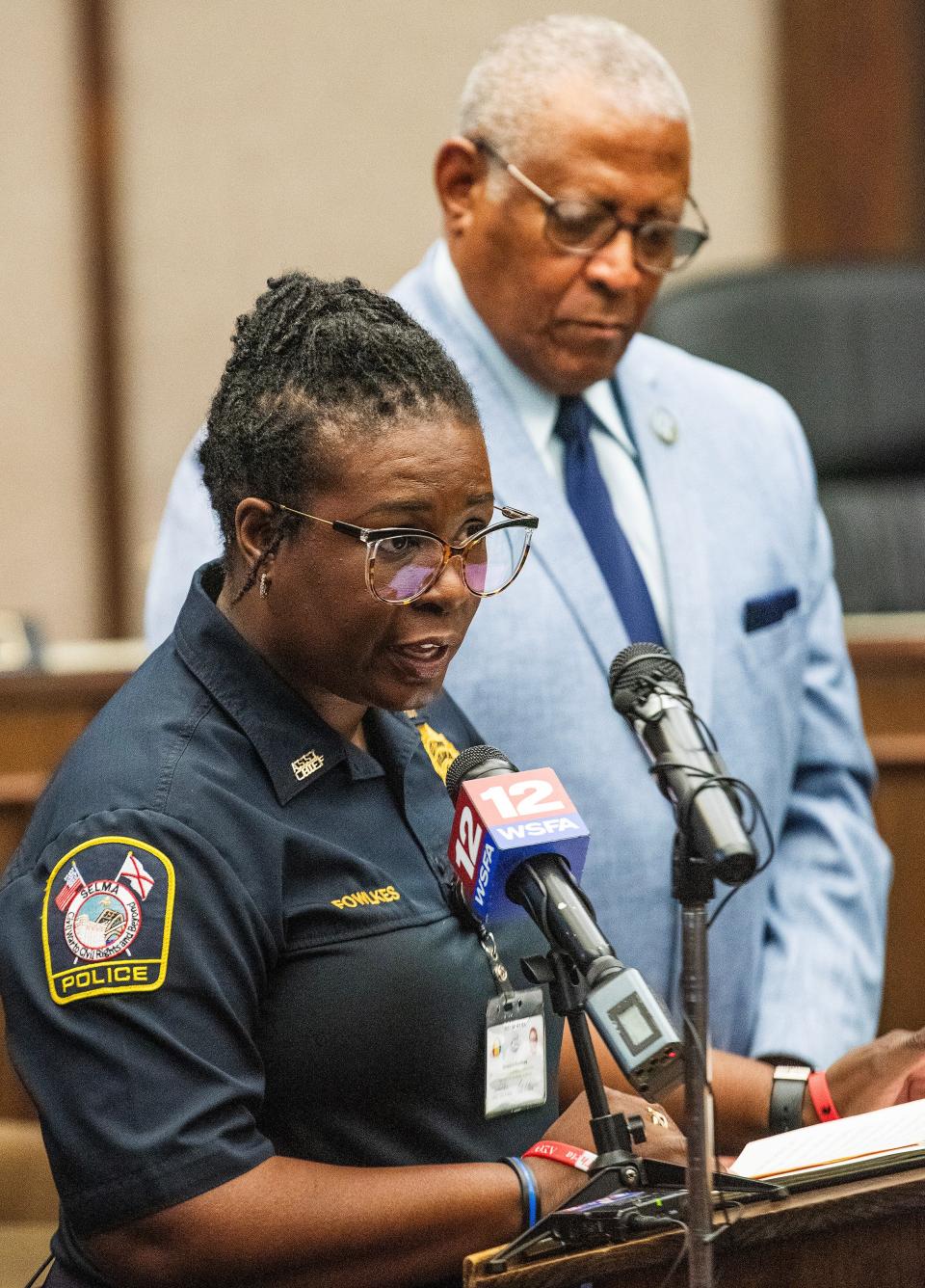 Selma Assitant Police Chief Natasha Fowlkes, left, and Selma Mayor James Perkins talk about recent shootings in Selma, Ala., on Wednesday May 1, 2024.
