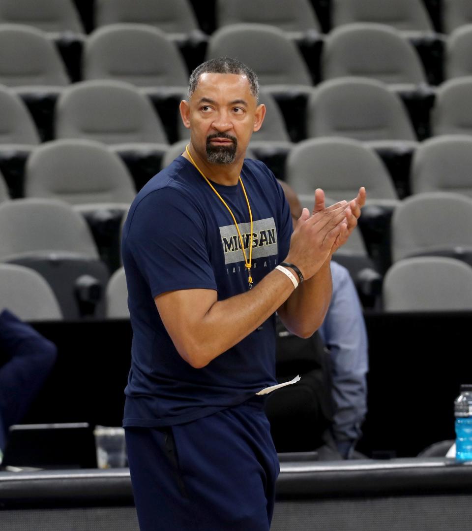 Michigan coach Juwan Howard looks on during practice for the Sweet 16 game against Villanova on Wednesday, March 23, 2022, at the AT&amp;T Center in San Antonio.