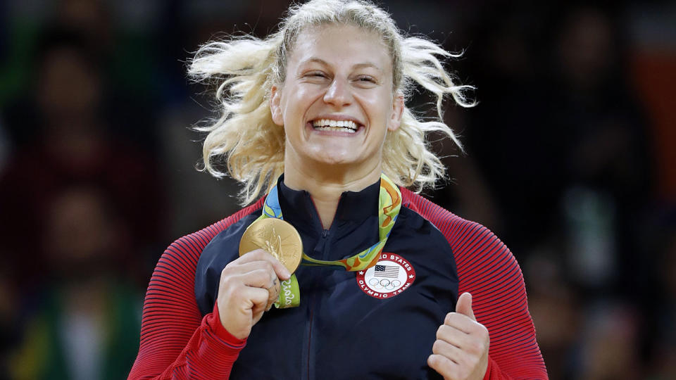 Kayla Harrison, pictured here on the podium after winning judo gold at Rio 2016.