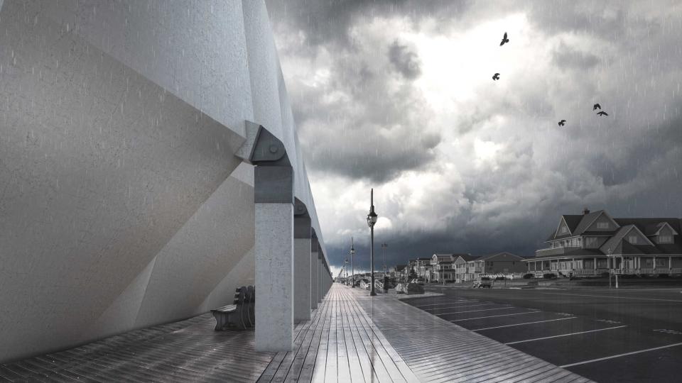 The umbrellas would tilt toward the ocean as a storm approached, creating a protective barrier from the surging sea.