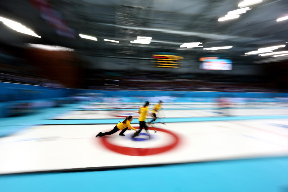 Team China competes against Korea during the Women's Curling Round Robin match at the Sochi 2014 Winter Olympics at Ice Cube Curling Center on February 14, 2014 in Sochi, Russia. 