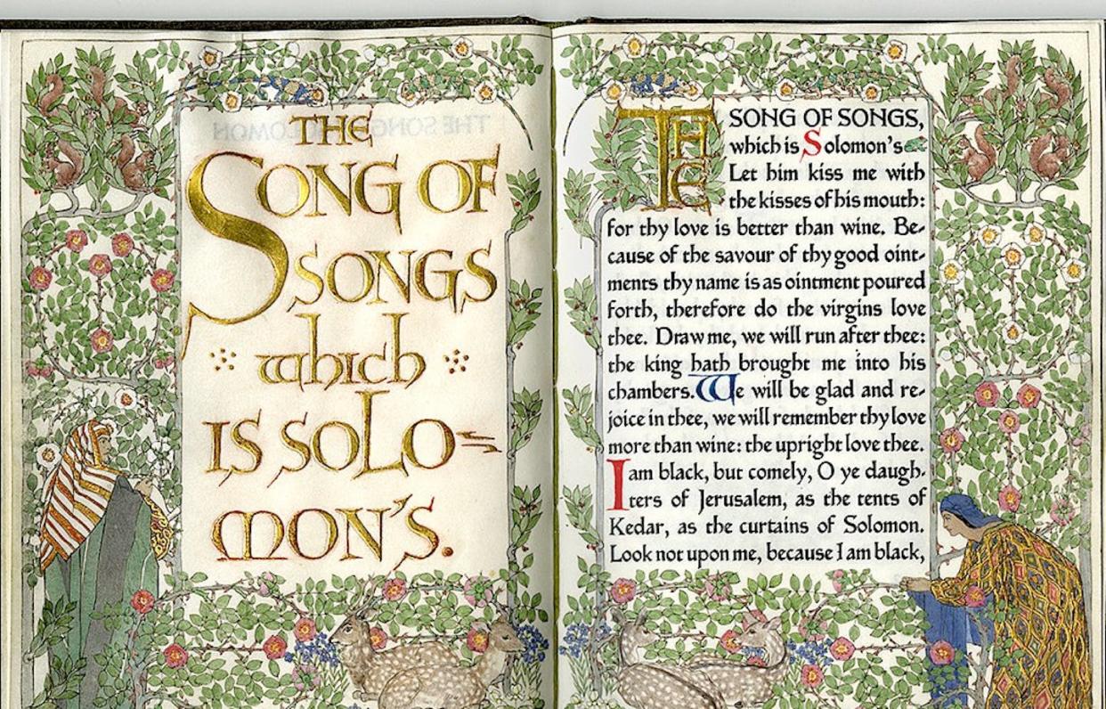 Figuring out what to do with the 'Song of Songs' has preoccupied people reading the Bible for centuries. <a href="https://commons.wikimedia.org/wiki/Category:Song_of_Solomon#/media/File:10268Ashendene_1000.jpg" rel="nofollow noopener" target="_blank" data-ylk="slk:'Song of Songs' illustrated by Florence Kingsford/Southern Methodist University/Wikimedia Commons;elm:context_link;itc:0;sec:content-canvas" class="link ">'Song of Songs' illustrated by Florence Kingsford/Southern Methodist University/Wikimedia Commons</a>