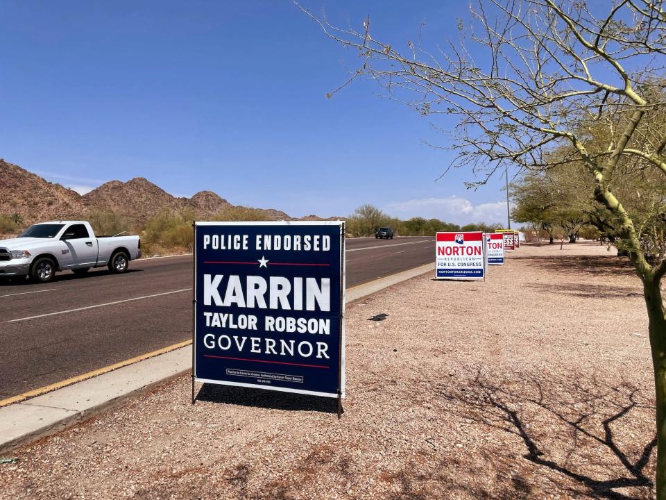 A yard sign for Karrin Taylor Robson in Phoenix, Arizona.