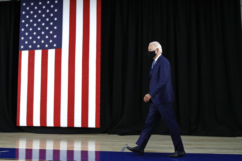 Democratic presidential candidate, former Vice President Joe Biden arrives to speak at Alexis Dupont High School in Wilmington, Del., Tuesday, June 30, 2020. (AP Photo/Patrick Semansky)