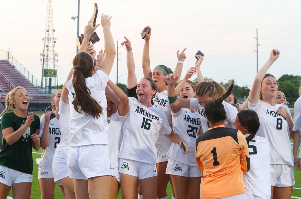 Archmere celebrates after beating Saint Mark's to win the DIAA Division II championship game at Delaware State University's Alumni Stadium, Friday, June 2, 2023.