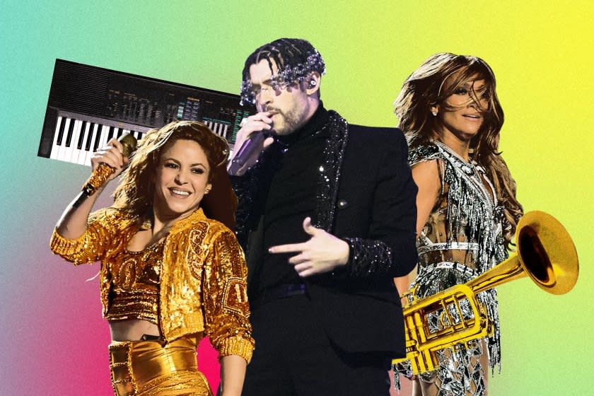 (L-R) Musical artists Shakira, Bad Bunny and Jennifer Lopez. Credit: Kevin Winter/Getty Images; Andrew Gombert / Los Angeles Times; Illustration by Ross May
