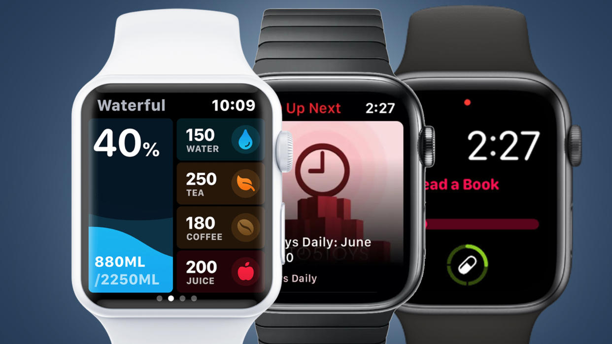  Three Apple Watches on a blue background showing the Waterful, Pocket Casts and Streaks apps. 