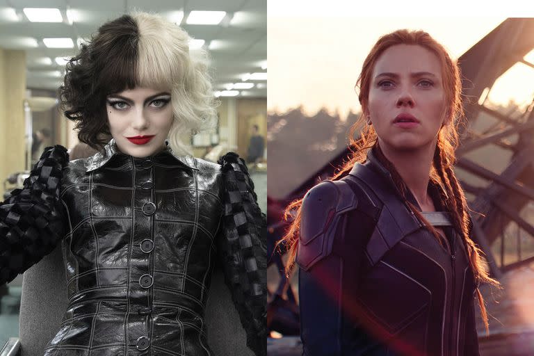 Emma Stone en una escena de Cruella y Scarlett Johansson en Black Widow