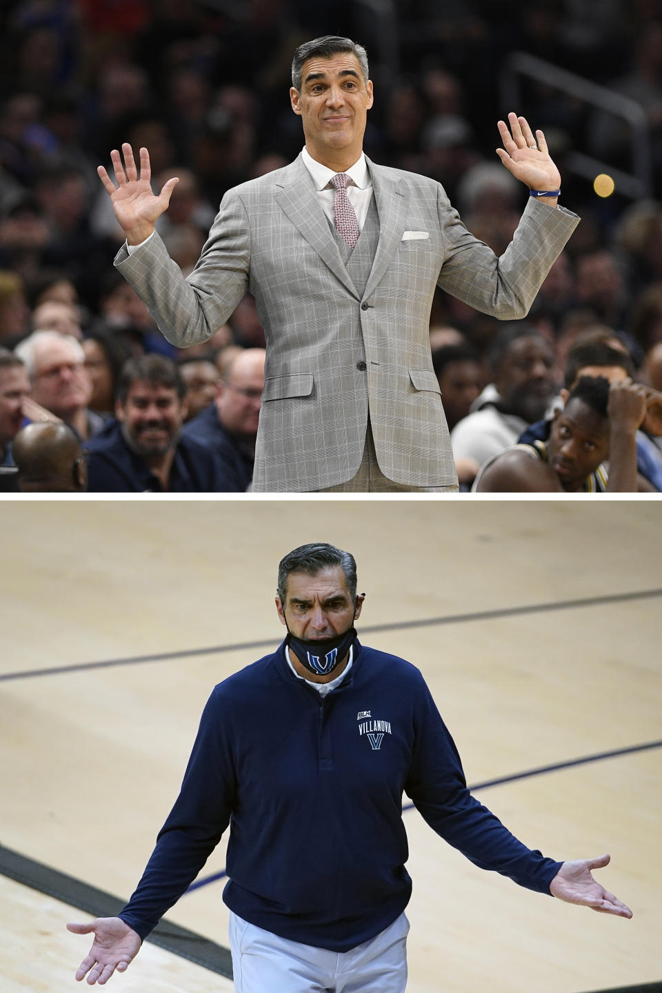 FILE - Top, in a March 7, 2020, file photo, Villanova head coach Jay Wright gestures during the second half of an NCAA college basketball game against Georgetown in Washington. Bottom, in a Dec. 16, 2020, file photo, Villanova's coach Wright coaches during an NCAA college basketball game against Butler in Villanova, Pa. College basketball coaches have eschewed the traditional game day attire of coats, ties and dress slacks in favor of polos, quarter-zips and warmup pants. The trend started over the summer with NBA coaches who went casual when the league re-started its season at Walt Disney World resort near Orlando. Men's and women's coaches say they're more comfortable. The personal tailor for Villanova's Jay Wright says he doesn't like the change. (AP Photo/File)