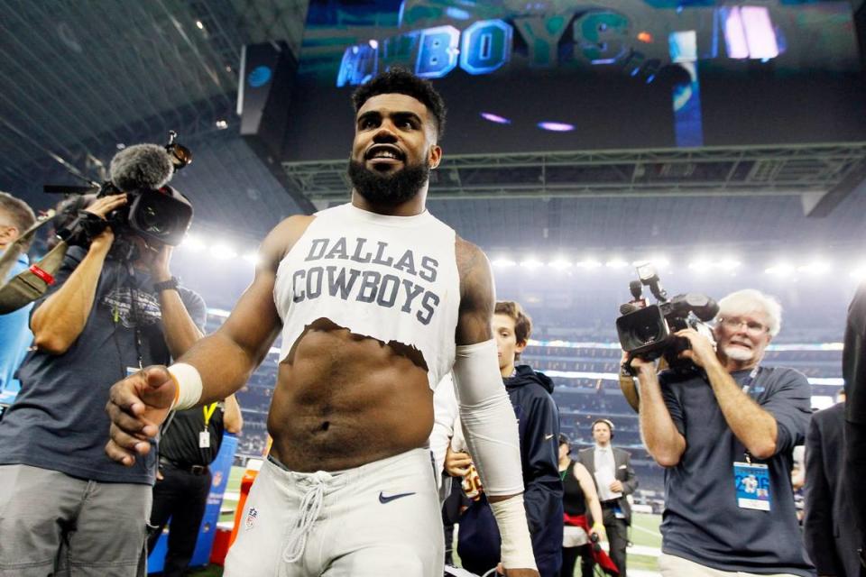 Dallas Cowboys running back Ezekiel Elliott (21) leaves the field after an NFL football game against the Washington Redskins in Arlington, during his rookie year in 2016.