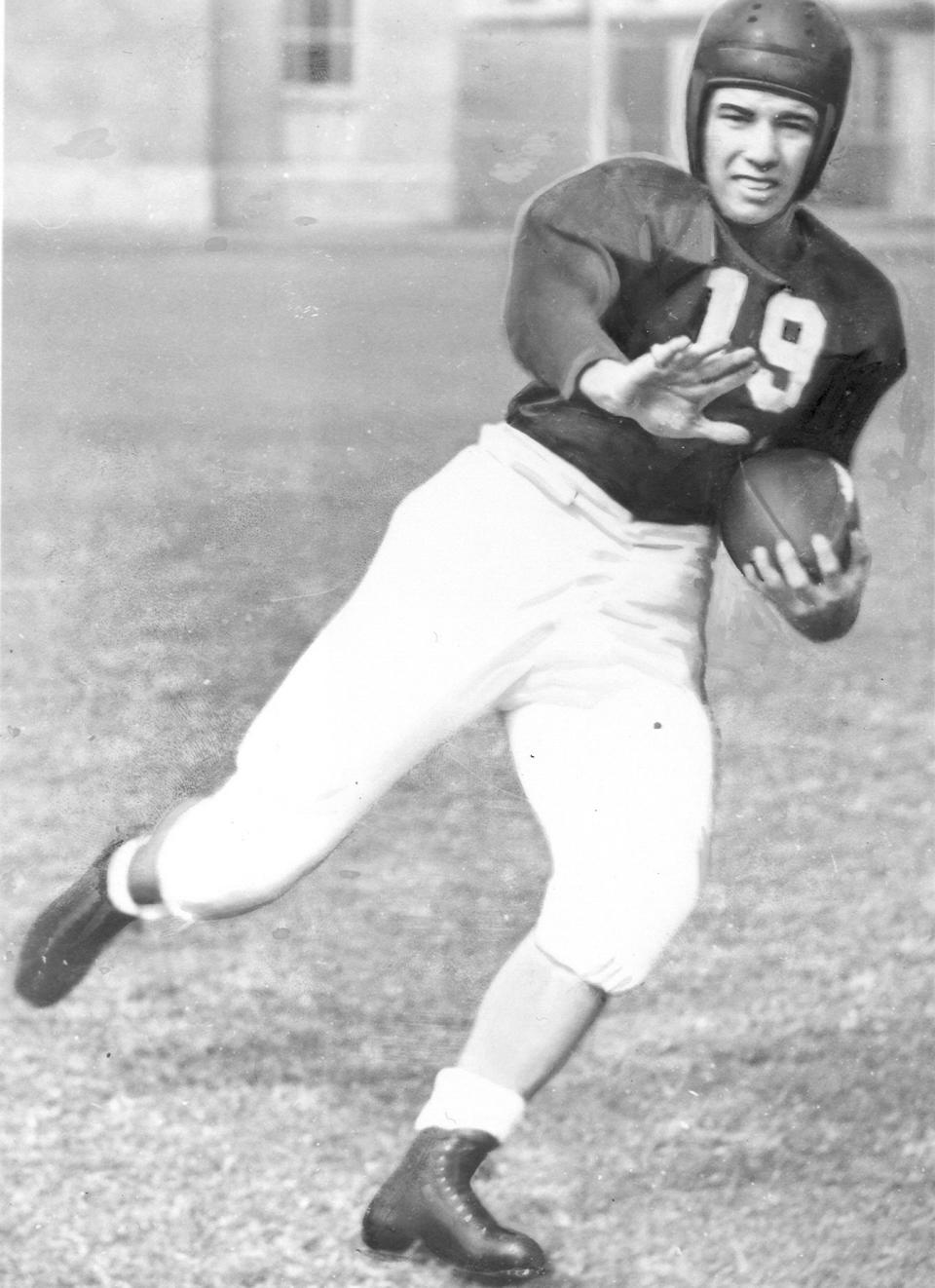 In this undated photo provided by Georgia Tech, Georgia Tech football player Clint Castleberry poses for a photo. Castleberry never got a chance to realize his full potential on the gridiron. After one dazzling season at Georgia Tech, he died in action during World War II, a reminder on this 2023 Memorial Day weekend of the ultimate price that so many have paid. (Georgia Tech via AP)