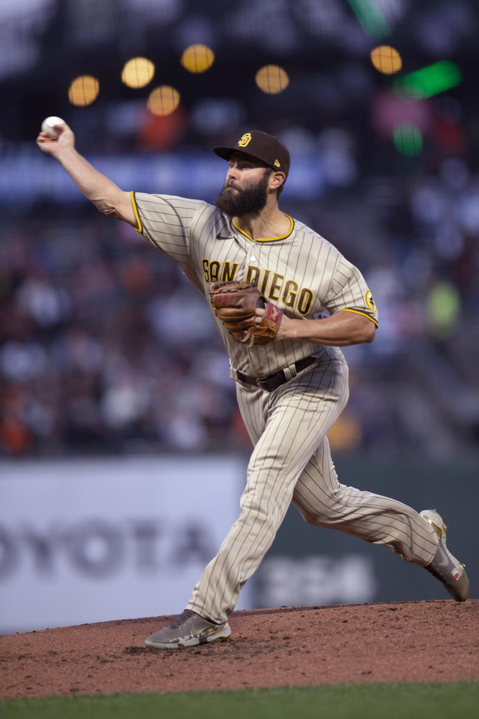 San Diego Padres starting pitcher Jake Arrieta throws to a San Francisco Giants batter during the second inning of a baseball game, Tuesday, Sept. 14, 2021, in San Francisco. (AP Photo/D. Ross Cameron)