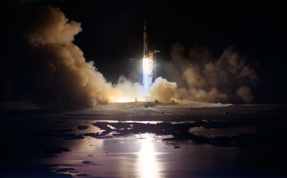 The huge, 363-feet tall Apollo 17 space vehicle is launched from Launch Complex 39A at Kennedy Space Center at 12:33 a.m. (EST) on Dec. 7, 1972. Apollo 17, the final lunar landing mission in NASA's Apollo program, was the first nighttime liftoff of the Saturn V launch vehicle.