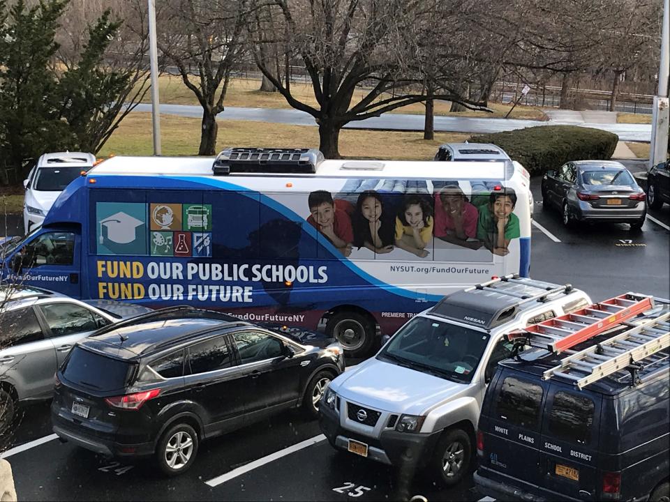 NYSUT's bus tour to promote state spending stopped in White Plains on Thursday.