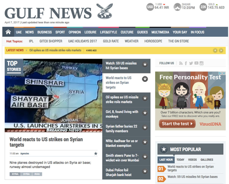 World response in headlines to U.S. Syria Strikes: GulfNews